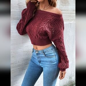 Burgundy Off Shoulder Knit Crop Sweater